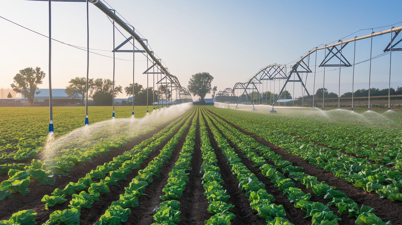 Cultivo de lechuga con un sistema de riego por goteo, ilustrando la entrega precisa de agua en hileras de plantas verdes.